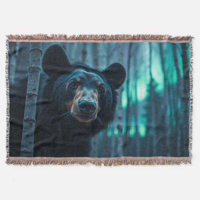 Black Bear and Aurora Art  Throw Blanket (Front)