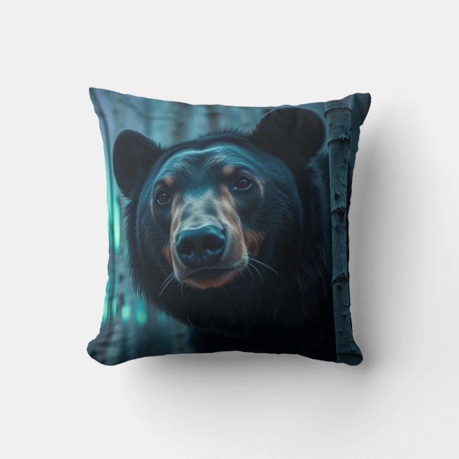 Black Bear and Aurora Art Throw Pillow (Front)