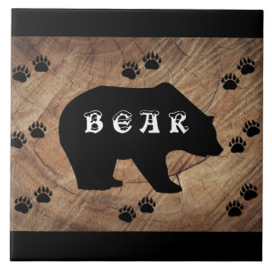 Black Bear And Bear Paws Ceramic Tile