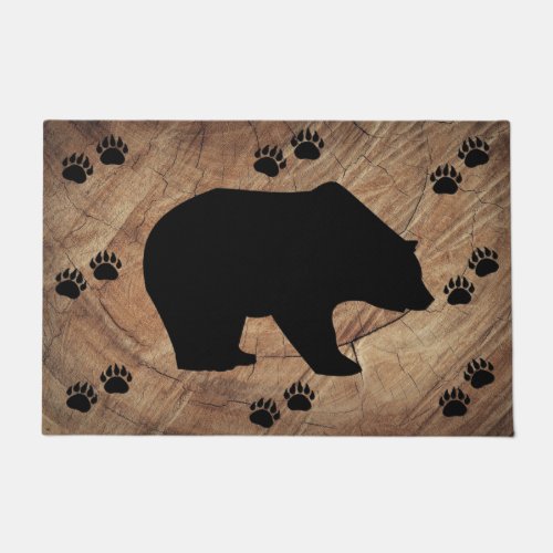 Black Bear And Bear Paws Doormat