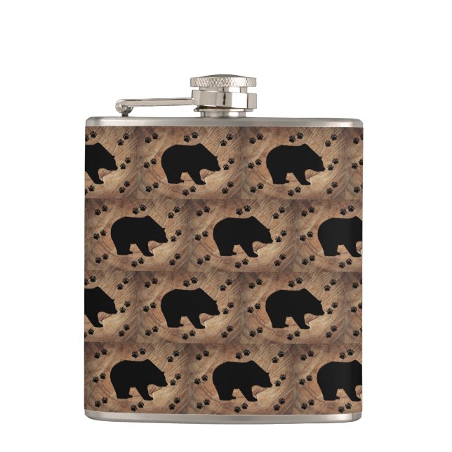 Black Bear And Bear Paws Flask (Front)