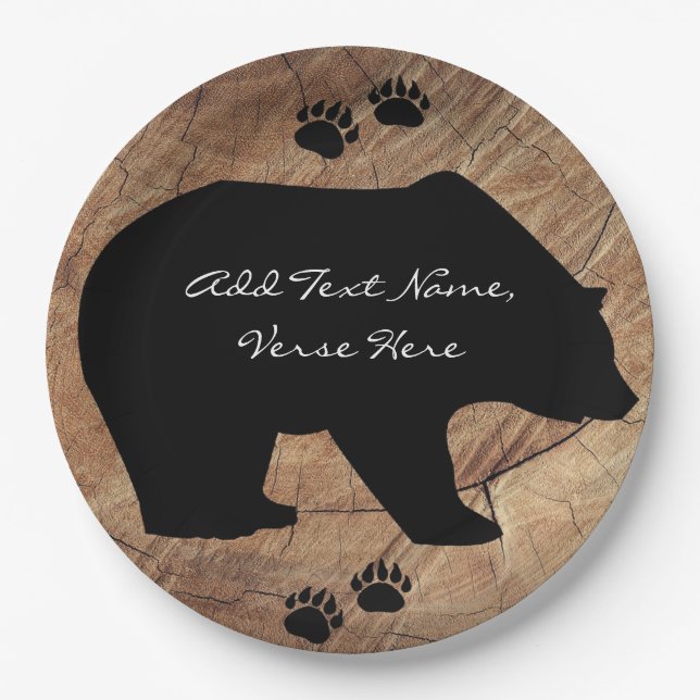 Black Bear And Bear Paws Paper Plates (Front)