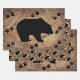 Black Bear And Bear Paws Wrapping Paper Sheets