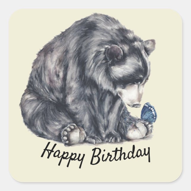 Black Bear and Butterfly Happy Birthday Square Sticker (Front)