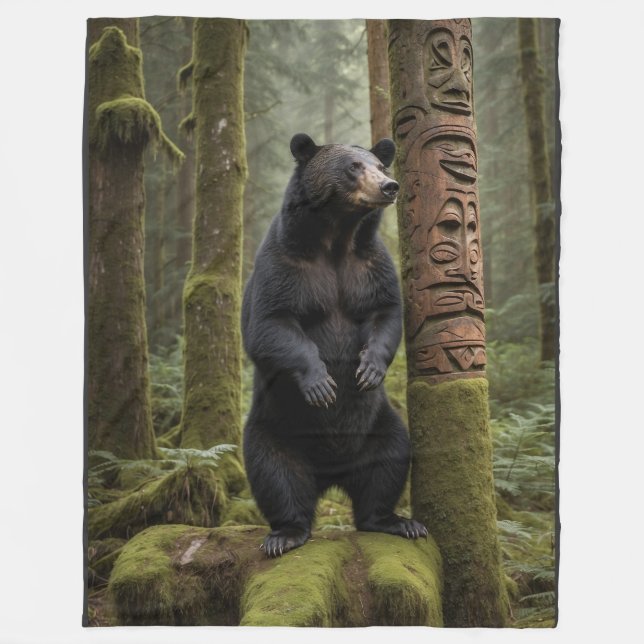 Black Bear and Totem Pole Wildlife Art Fleece Blanket (Front)