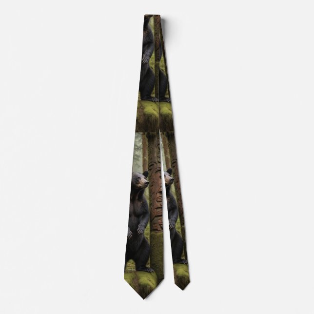 Black Bear and Totem Pole Wildlife Art Neck Tie (Front)