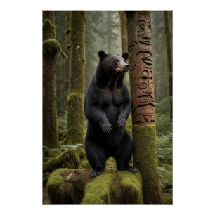 Black Bear and Totem Pole Wildlife Art Poster