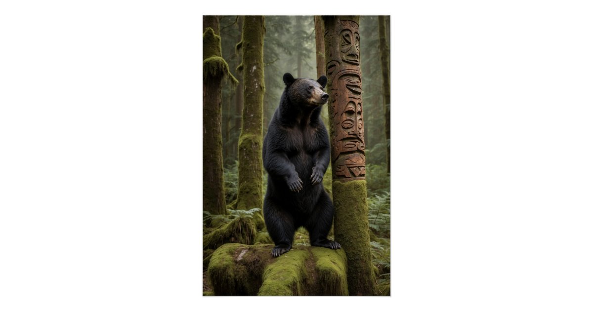 Black Bear and Totem Pole Wildlife Art Poster | Zazzle