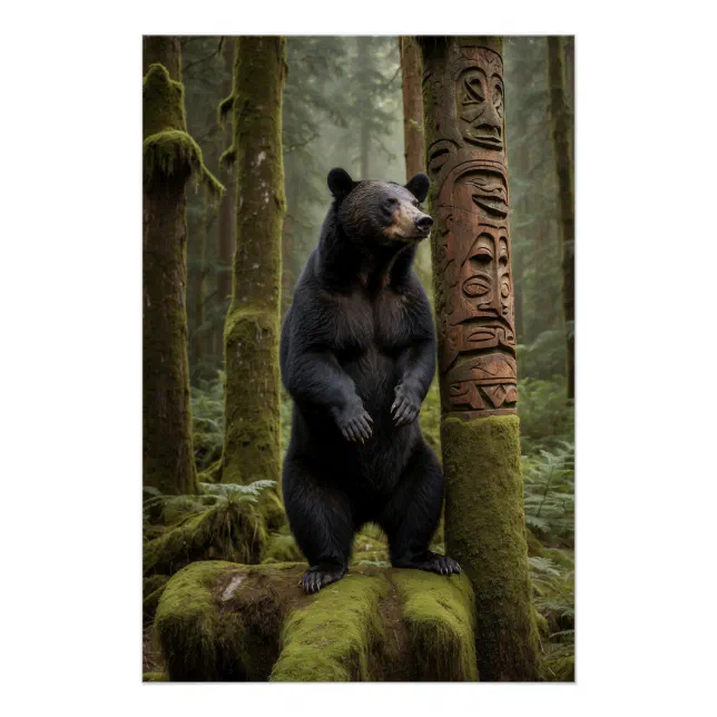 Black Bear and Totem Pole Wildlife Art Poster | Zazzle