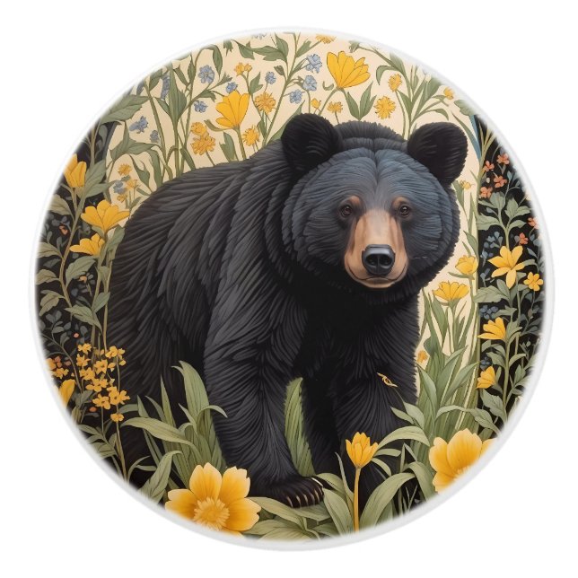 Black Bear And Yellow Buttercup Flowers Ceramic Knob (Front)