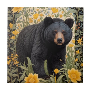 Black Bear And Yellow Buttercup Flowers Ceramic Tile