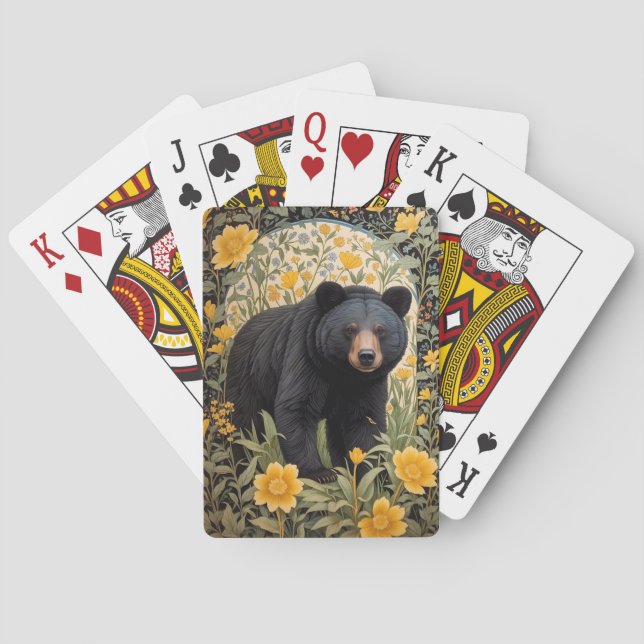Black Bear And Yellow Buttercup Flowers Poker Cards (Back)