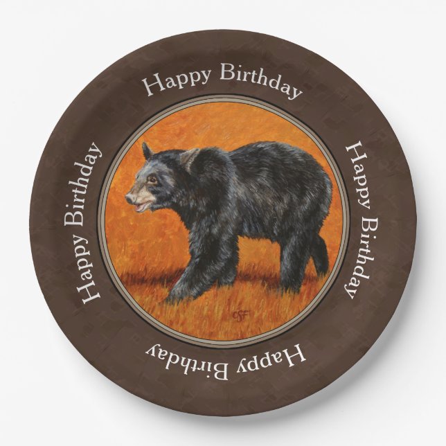 Black Bear Autumn Earth Brown Paper Plates (Front)