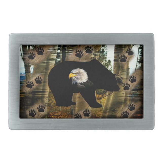 Black Bear Bald Eagle Bear Paw Prints Wilderness Belt Buckle (Front)