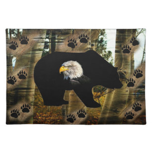 Black Bear Bald Eagle Bear Paw Prints Wilderness Cloth Placemat