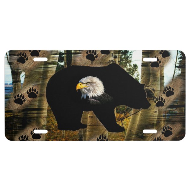 Black Bear Bald Eagle Bear Paw Prints Wilderness License Plate (Front)