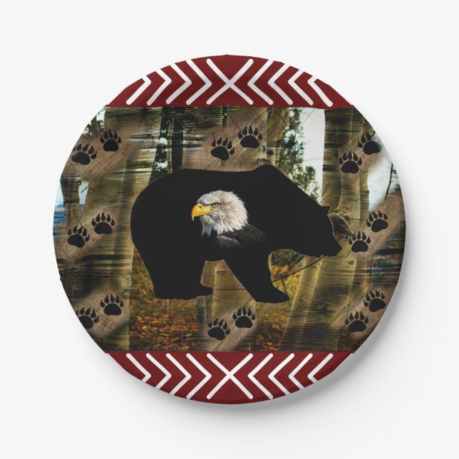 Black Bear Bald Eagle Bear Paw Prints Wilderness Paper Plates (Front)