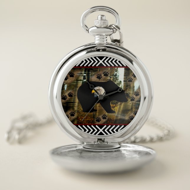 Black Bear Bald Eagle Bear Paw Prints Wilderness Pocket Watch (Inside)