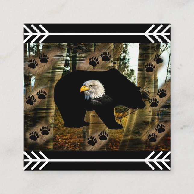 Black Bear Bald Eagle Bear Paw Prints Wilderness Square Business Card (Front)