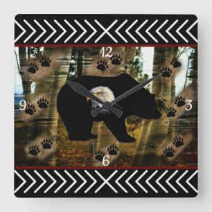 Black Bear Bald Eagle Bear Paw Prints Wilderness Square Wall Clock