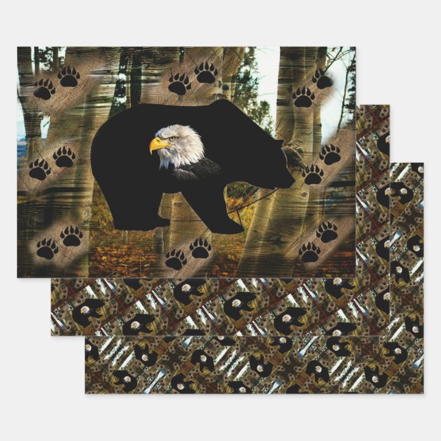 Black Bear Bald Eagle Bear Paw Prints Wilderness Wrapping Paper Sheets (Set)