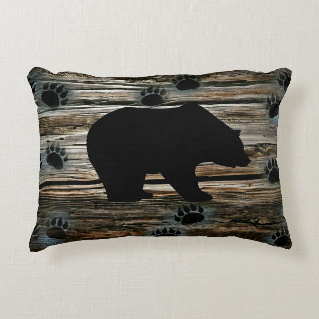 Black Bear Black Bear Paws Rustic Wood Accent Pillow (Front)