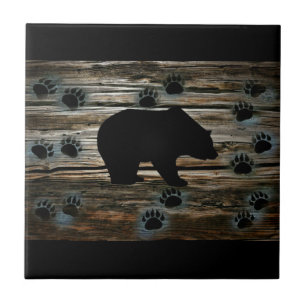 Black Bear Black Bear Paws Rustic Wood Ceramic Tile