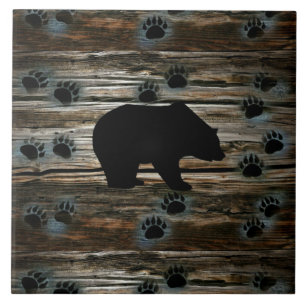 Black Bear Black Bear Paws Rustic Wood Ceramic Tile