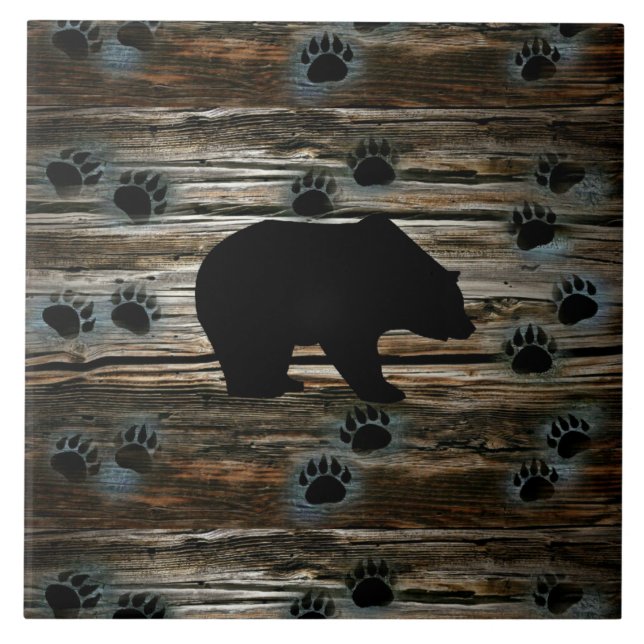 Black Bear Black Bear Paws Rustic Wood Ceramic Tile (Front)