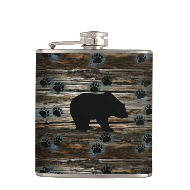 Black Bear Black Bear Paws Rustic Wood Flask (Front)