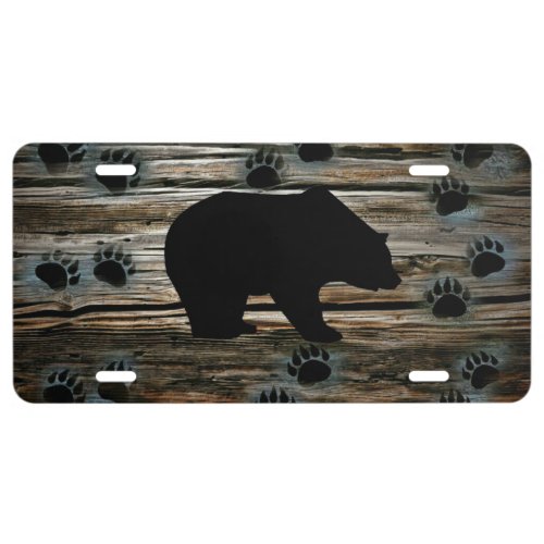 Black Bear Black Bear Paws Rustic Wood License Plate