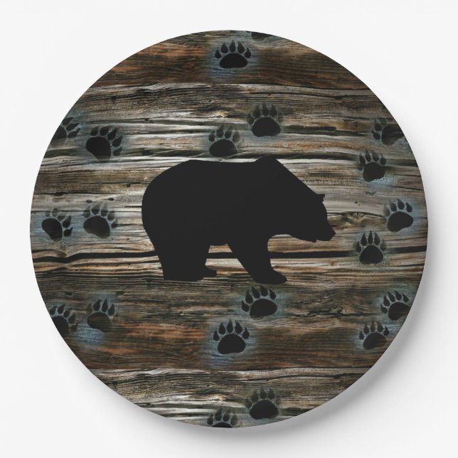 Black Bear Black Bear Paws Rustic Wood Paper Plates (Front)