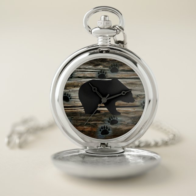 Black Bear Black Bear Paws Rustic Wood Pocket Watch (Inside)