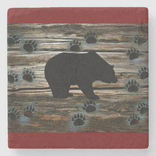 Black Bear Black Bear Paws Rustic Wood Stone Coaster