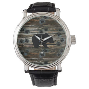 Black Bear Black Bear Paws Rustic Wood Watch