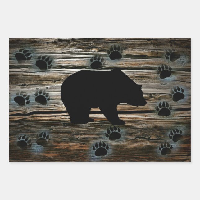 Black Bear Black Bear Paws Rustic Wood Wrapping Paper Sheets (Front)