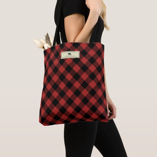 Black Bear Buffalo Plaid Personalized Tote Bag (Close Up)