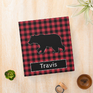 Black Bear Buffalo Plaid Rustic Checkered Pattern 3 Ring Binder