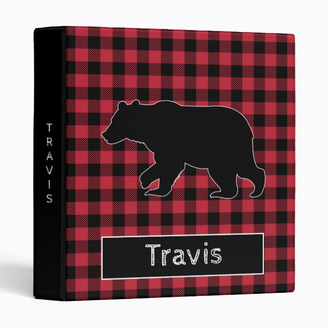 Black Bear Buffalo Plaid Rustic Checkered Pattern 3 Ring Binder (Front/Spine)
