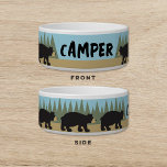 Black Bear Camping Dog Cat Pet<br><div class="desc">Bring the spirit of the wilderness to your pet's daily adventures with our 'Bear' Pet Bowl. Designed for the nature-loving companion, this tag portrays the majestic silhouette of a bear against a serene outdoor setting, complete with towering pines under an open sky. The sample name 'CAMPER' is artfully placed within...</div>
