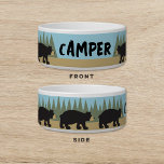 Black Bear Camping Dog Cat Pet Bowl<br><div class="desc">Bring the spirit of the wilderness to your pet's daily adventures with our 'Bear' Pet Bowl. Designed for the nature-loving companion, this tag portrays the majestic silhouette of a bear against a serene outdoor setting, complete with towering pines under an open sky. The sample name 'CAMPER' is artfully placed within...</div>