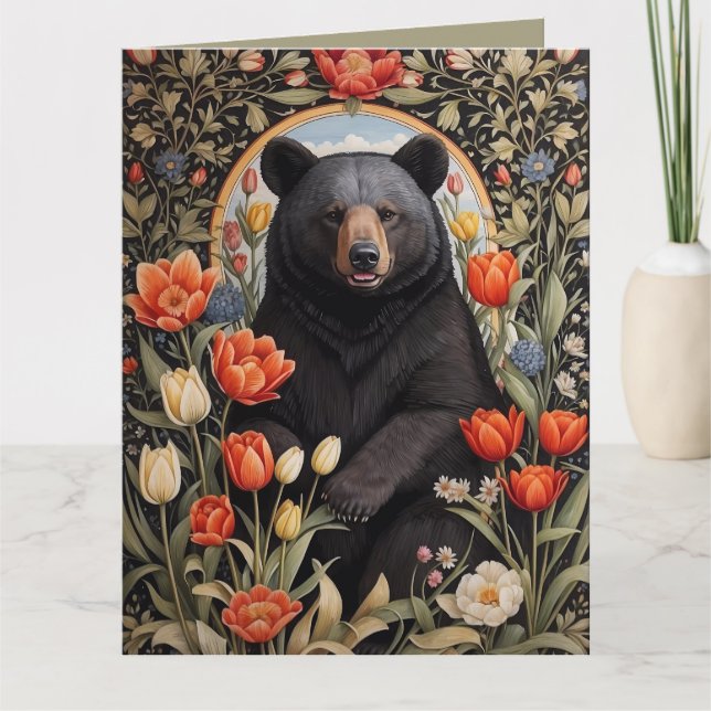 Black Bear Colorful Tulip Flowers Card (Front)