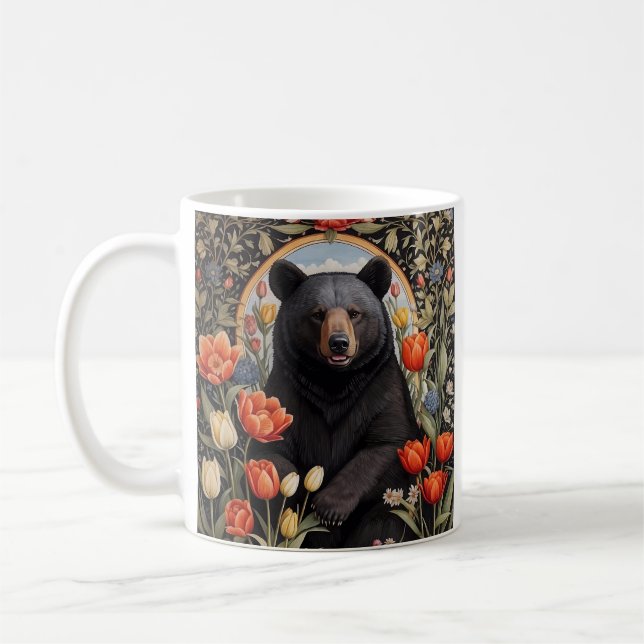 Black Bear Colorful Tulip Flowers Coffee Mug (Left)