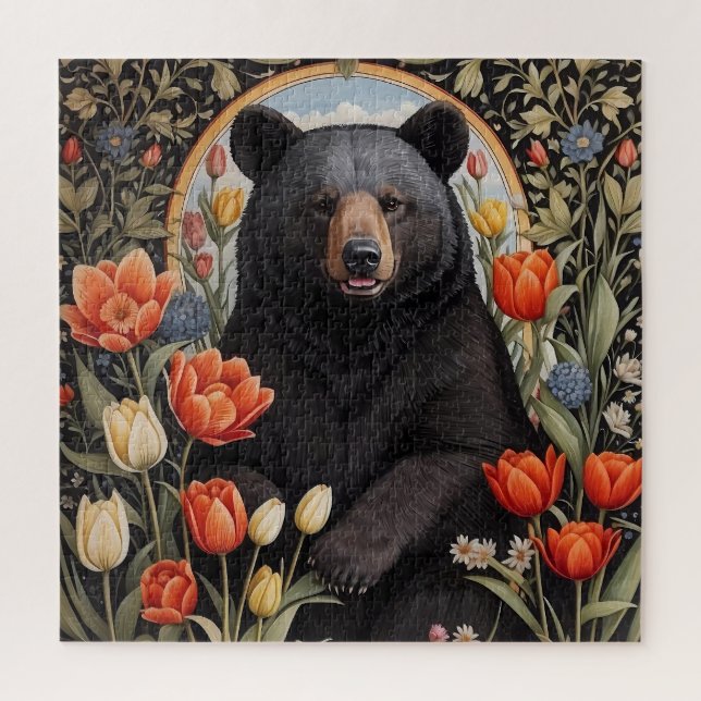 Black Bear Colorful Tulip Flowers Jigsaw Puzzle (Vertical)