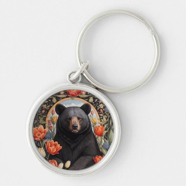 Black Bear Colorful Tulip Flowers Keychain (Front)
