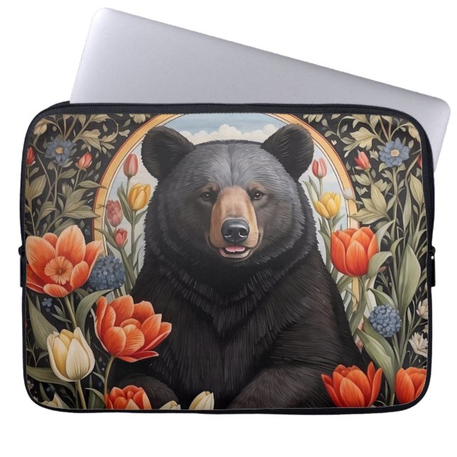 Black Bear Colorful Tulip Flowers Laptop Sleeve (Front)
