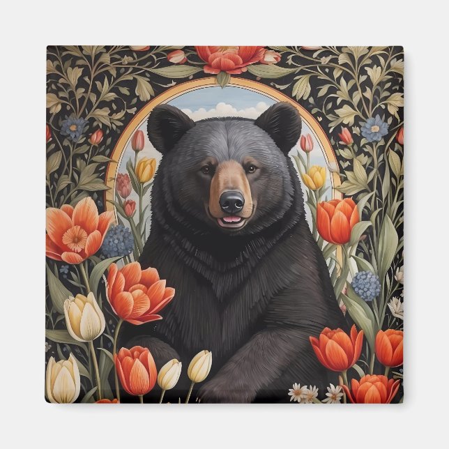 Black Bear Colorful Tulip Flowers Magnet (Front)