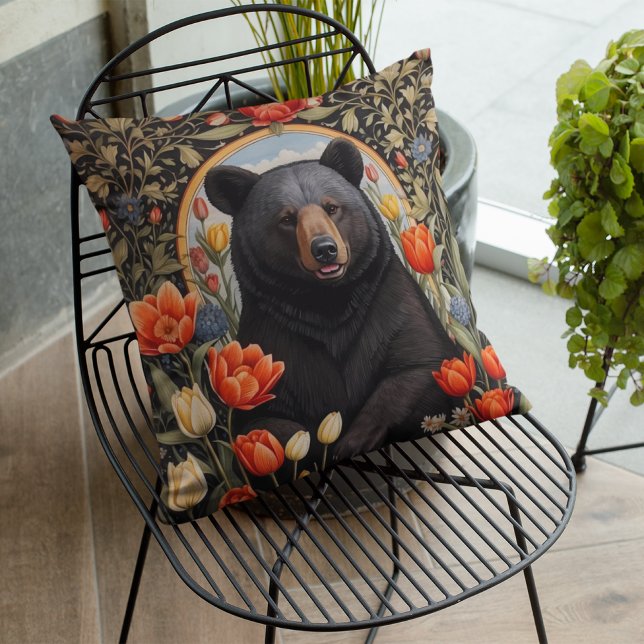 Black Bear Colorful Tulip Flowers Throw Pillow (Creator Uploaded)