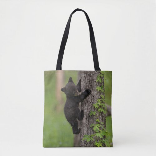 Black Bear Cub Climbing Tree Tote Bag