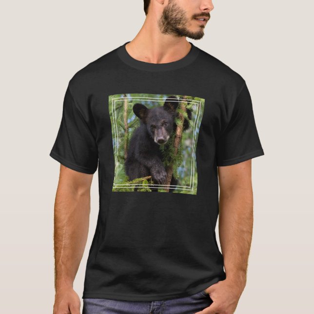 Black Bear Cub Playing in Trees T-Shirt (Front)